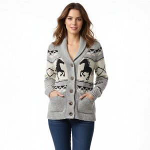 Western Cowichan Aztec Knit Cardigan - Shawl Collar Equestrian Bluenotes - XS